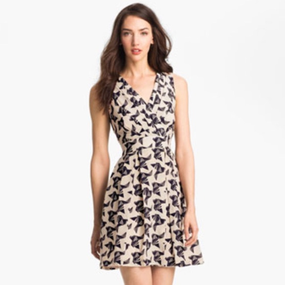 Eliza J Bird Print Pleated Faux Wrap Pocket Sleeveless Sheath Dress